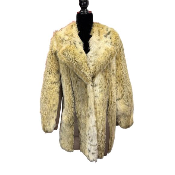 Vintage Faux Fur Short Coat Made in England Button Front Beige Brown sz L - Picture 1 of 14
